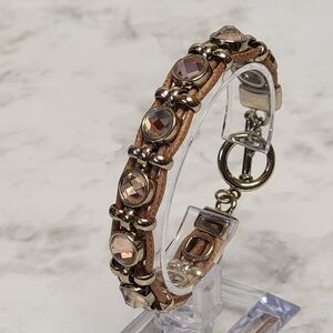 Rhinestone Multi Strand Cord Wristband Bracelet Beige Pink Gold Tone Toggle Boho